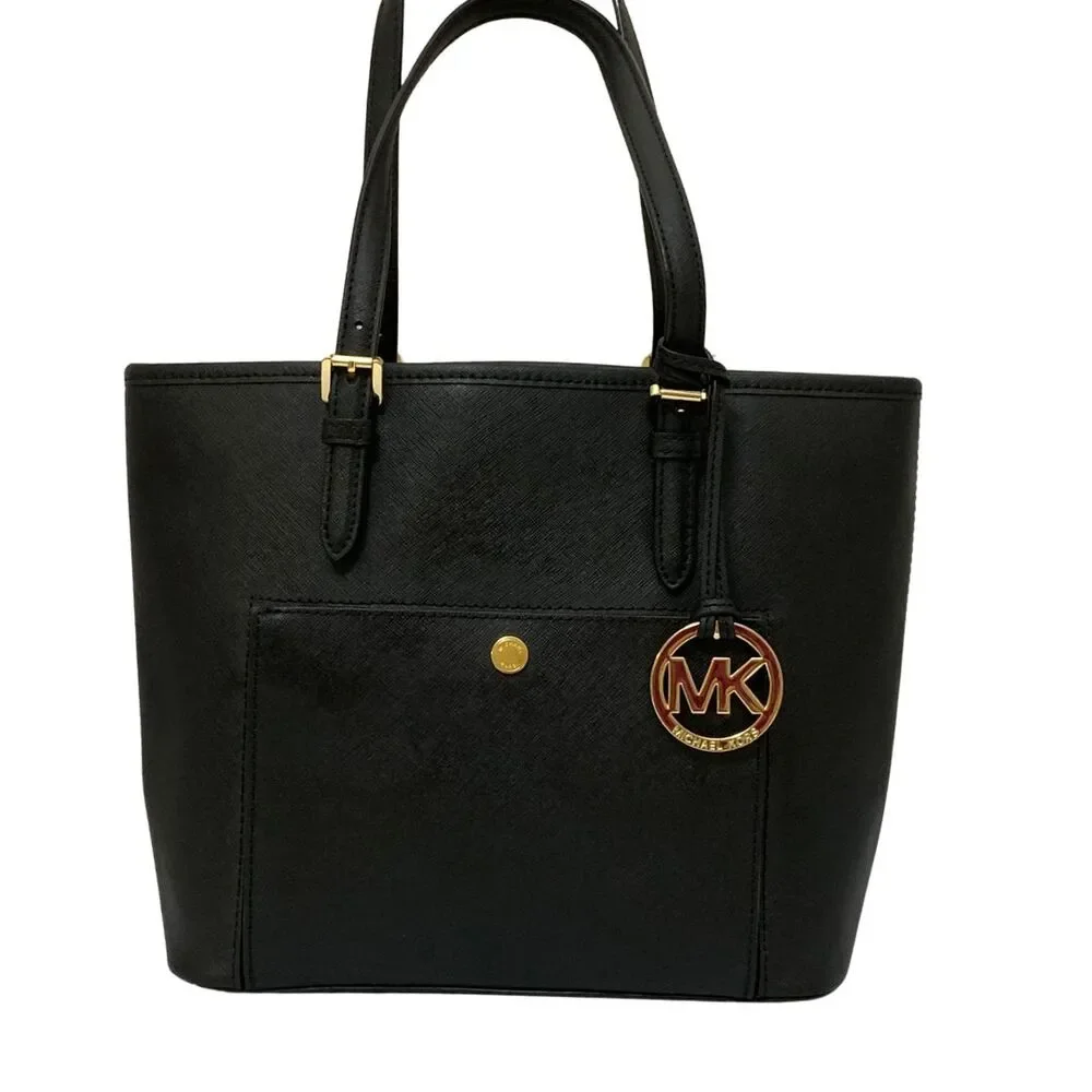 Michael Kors Black Saffiano Leather Tote Bag Gold Tone MK Charm Medium - Picture 13 of 13